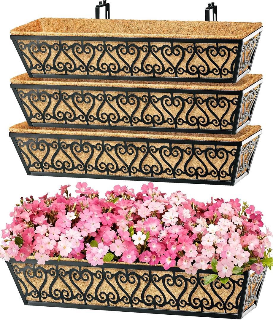 4 Pack 30 Inch Deck Railing Planter Box - Window Boxes Planters with Adjustable Brackets Coco Liners Balcony Planters Railing Hanging for Window Flower Boxes Outdoor Garden Decor