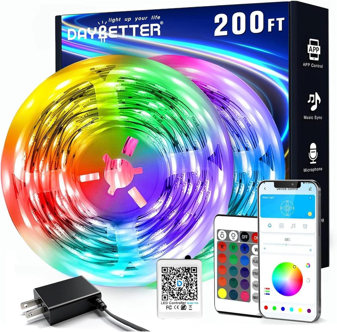 DAYBETTER LED Strip Lights 200 ft (2 Rolls of 100 ft), Smart App Control Lighting Bedroom Rome Decor with Remote, RGB Music Sync Color Changing LED Lights for Party