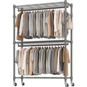 BATHWA Heavy Duty Garment Rack on Wheels, Rolling Clothes Racks for hanging clothes, Simple Sturdy Wardrobe Rack with Double Hanging Rods, 8 Side Hangers, Gray
