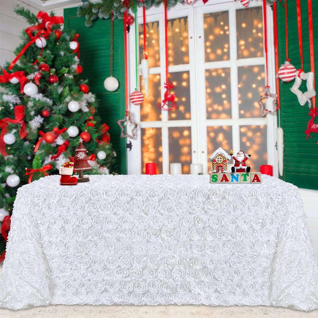 B-COOL White Tablecloth Rectangle 60 x102 Inches for Christmas Party Rosette Table Cloth Party Table Decor Satin Floral Fabric for Baby Shower Home Wedding Decorations