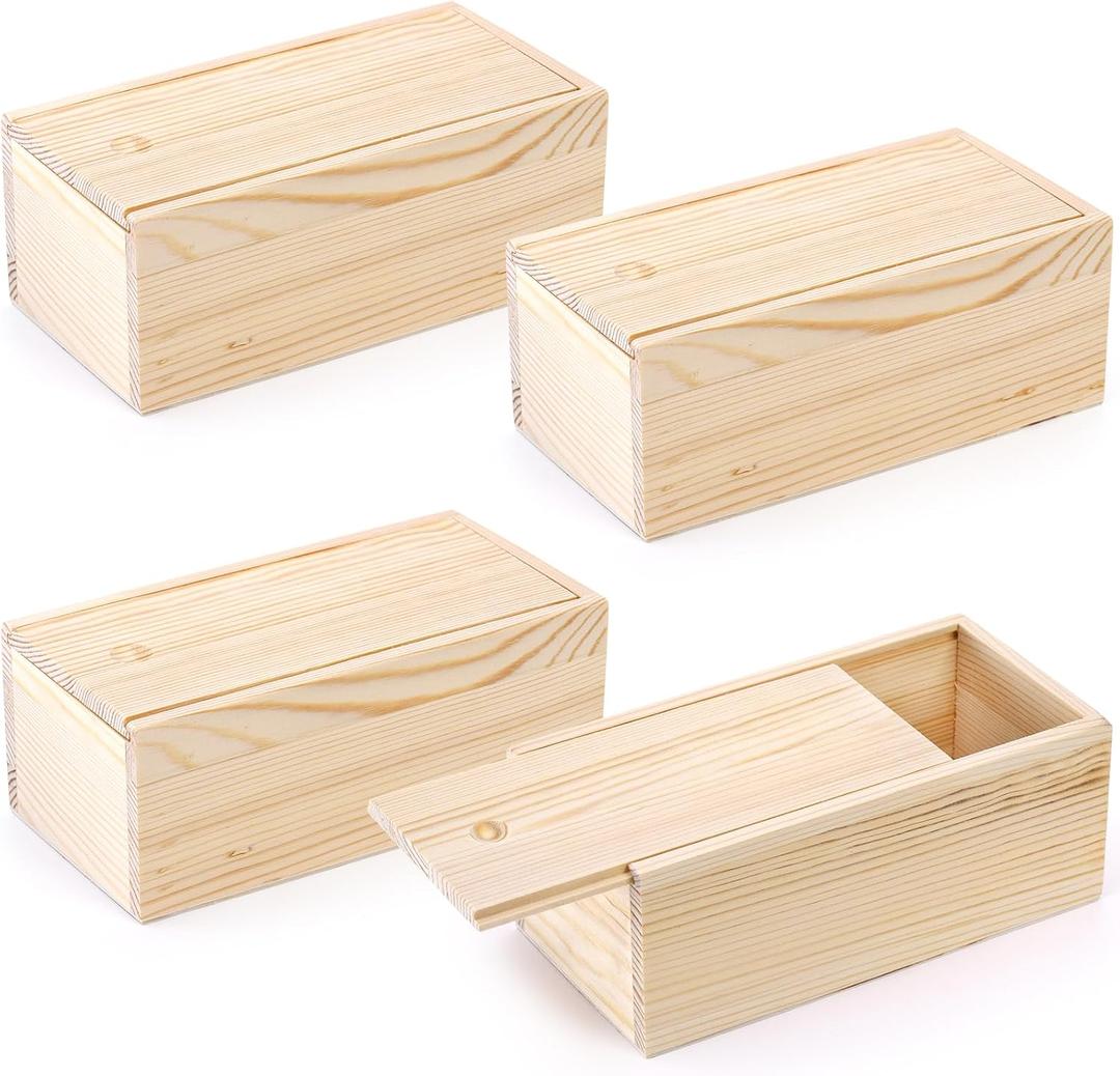 yarlung 4 Pack Unfinished Wood Storage Box with Slide Lid, Vintage Cards Container Small Gift Box for Art Hobbies, DIY Craft, Desktop Bead Organizer, Jewelry Storage