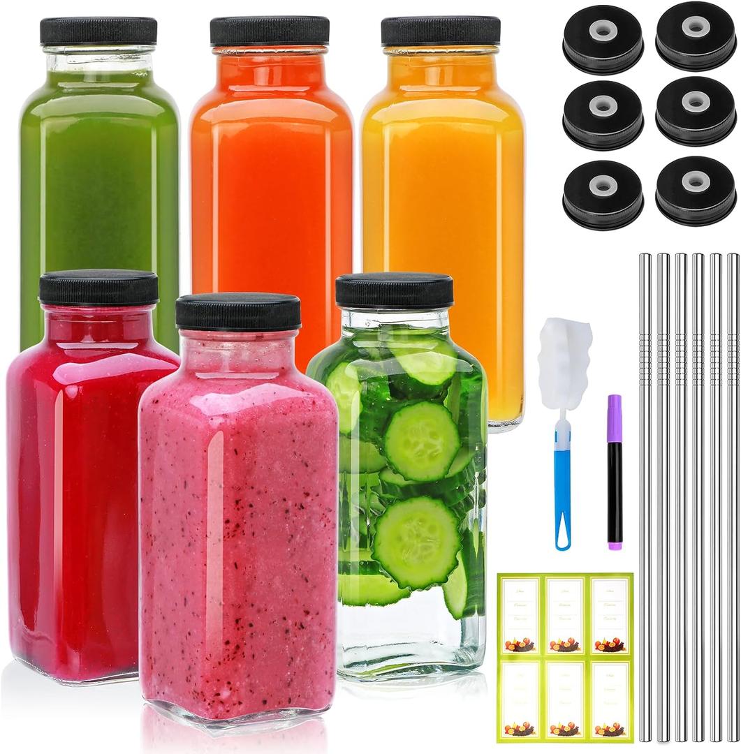 Maredash 12oz Glass Bottles with lids,juice bottles gifts for women,glass bottles with lids,glass water bottles. Kit includes Stainless Steels Straws,Two Types of Lid,Cleaning Brush 6pcs
