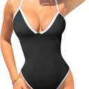 OQQ Women's One Piece Swimsuit Tummy Control V Neck Bathing Suits 2025 Trendy (Large, Black)
