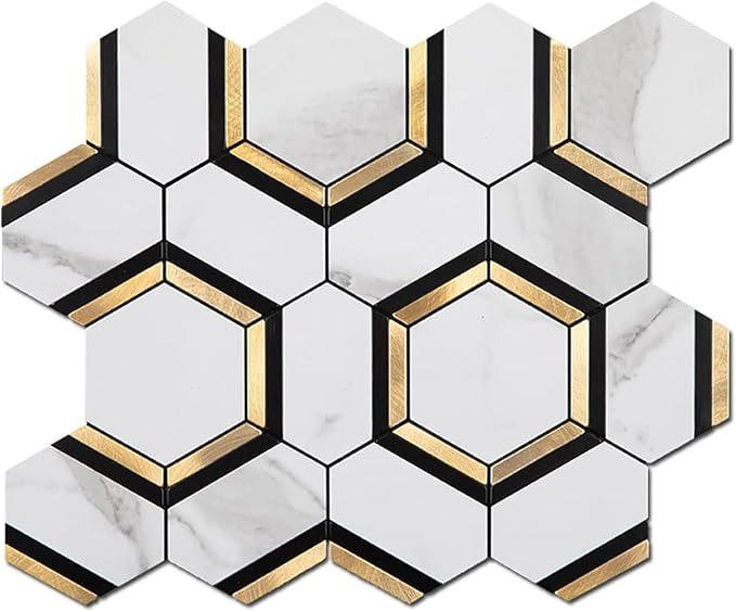Soulscrafts 5-Sheet Peel and Stick Backsplash Tile 3'' Hexagon PVC White Marble Stone with Gold Metal Self-Adhesive Mosaic Decor Sticker for Kitchen Wall Tile Bathroom