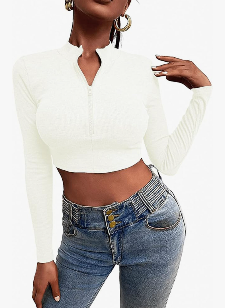 Flygo Women's Deep V Neck Casual Long Sleeve Ribbed Zip Up Slim Knitted Crop Tops Size S