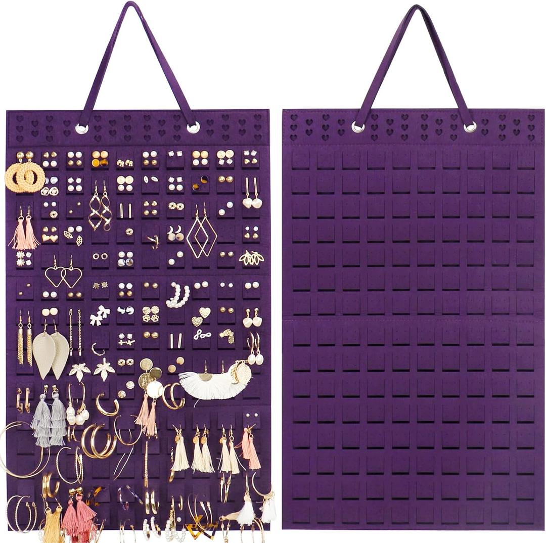 Resovo Hanging Earrings Organizer, Wall Earring Holder with 2 Hooks, Holds Up To 300 Pairs, Compact Design, Soft Material-Dark Purple (22.5*13.6 inches)