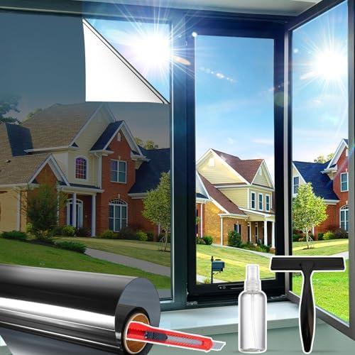 Window Privacy Film See Out Not in, One Way Privacy Window Film, Removable Window Tint for Home, Reflective Static Cling Window Film Heat Blocking, Black Silver, 47.2 X 157.4 inch
