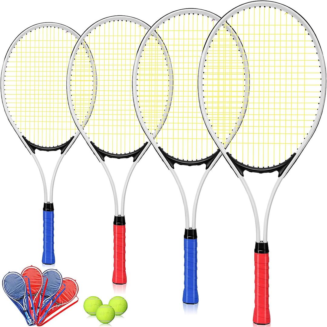 4 Pcs Tennis Rackets for Adult Recreational 4 Players 27" Tennis Racquet Lightweight Tennis Racket with 3 Tennis Balls for Training Beginners with Overgrips Carry Bag, As shown