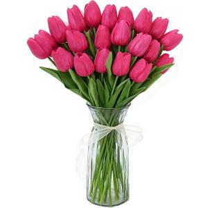 Pink Faux Tulips Real Touch (20 Pcs) - 13.5 Inch Premium PU Artificial Flowers for Valentine's Day, Spring & Easter Home Decor, Wedding Bouquet