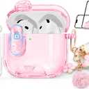 with Safety Lock for Apple AirPods 4 Case 2024,Clear Cases with Phone Stand & Cleaning Kit,Soft TPU Cover for AirPods 4th Generation Case,Cute Bling Keychain for Women Girls-Clear Pink
