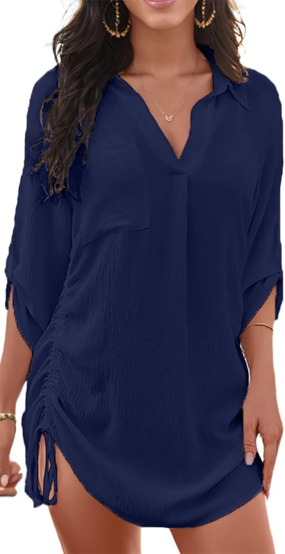Women Swimsuit Coverup Beach Cover Ups Summer Beach Dress Drawstring Shirt for Vacation Cruise
