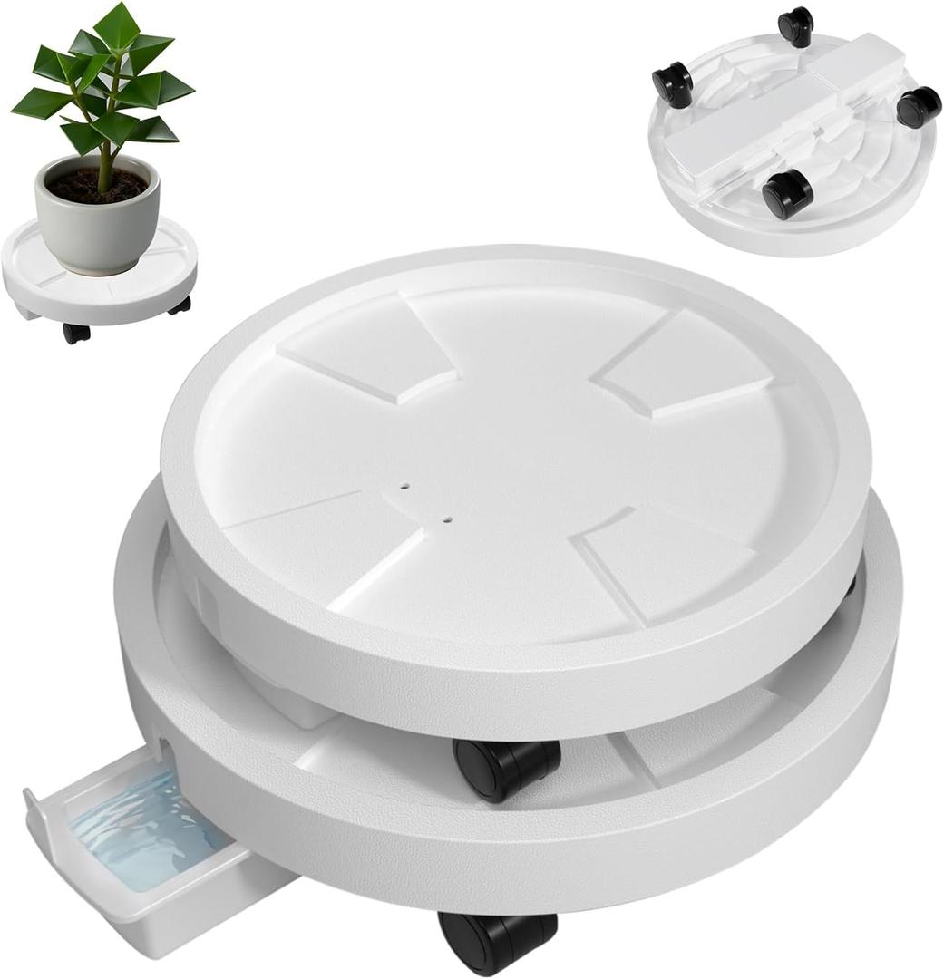 2 Pack 14" and 12" Plant Caddy with Hidden 360°Wheels, Plant Stand Rolling Saucer with Drain Hole, Flower Pots with Removable Drainage Tray for Indoor Outdoor, Lockable Wheels