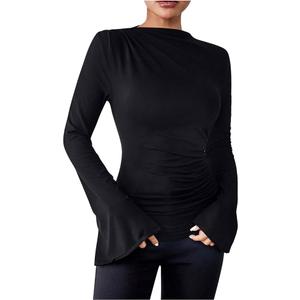 Women Long Bell Sleeve Crewneck Shirts, Elegant Slim Fit Party Tops Solid Color Stretchy Ruched Blouse, Size: XL