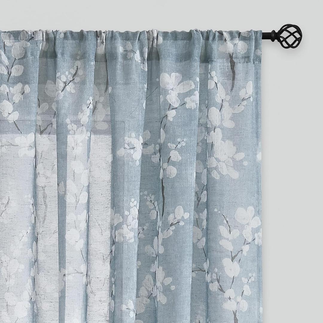 FMFUNCTEX Linen Sheer Curtains for Bedroom, Blue White Blossom Print Curtains 96 Inches Long for Living Room,Floral Patterned Farmhouse Curtain Light Filtering Window Drapes 2 Panels, Rod Pocket FMFUNCTEX Linen Sheer Curtains for Bedroom, Blue White Blossom Print Curtains 96 Inches Long for Living Room,Floral Patterned Farmhouse Curtain Light Filtering Window Drapes 2 Panels, Rod Pocket