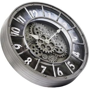 18 Inch Wall Clock with Moving Gears, Oversized Large Industrial Steampunk Decoration, Antique Metal Big Numeral Wall Clocks for Kitchen Study Room Living Room Decor (Matt Metal Silver-Black)