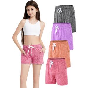 4 Pack Girls Athletic Shorts Dry-Fit Basketball Shorts with Pockets,Girls Running Shorts for Kids Gym Soccer (M)