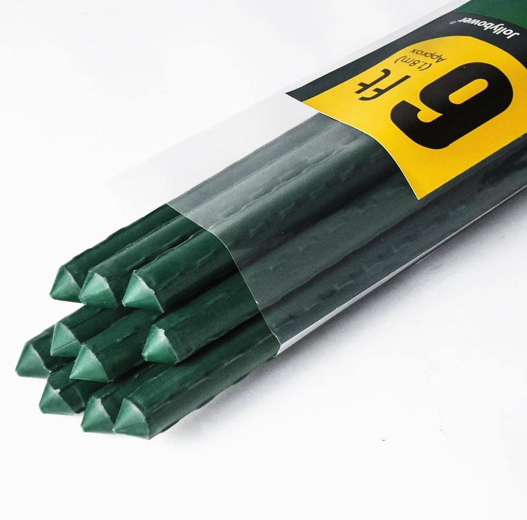 Jollybower 10pcs Steel Plant Stakes 6 Feet,Sturdy Plant Sticks, Plastic Coated Metal Garden Stakes Supports Climbing for Tomato, Bean, Flowers, Tree Potted