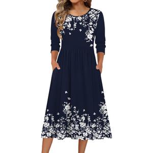 Zeagoo 3/4 Sleeve Women's Dress Casual Flowy A-Line Midi T-shirt Dresses with Pockets Crewneck Vocation Boho Beach Sundress (Blue, L)