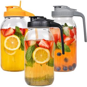 3 Pack 64 Oz Glass Mason Jar Pitcher with Airtight Lid and Handle Wide Mouth, Leak-Proof, Ideal for Sun Tea, Cold Brew, Lemonade, Iced Coffee, Milk, and Water (Orange, Gray & Black (3 Pack))
