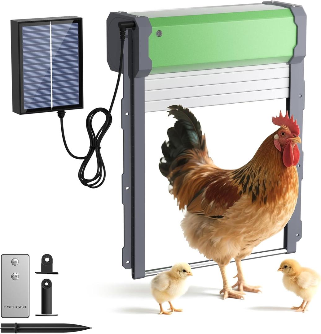 Automatic Chicken Coop Door Solar Powered, with Timer & Light Sensor, Anti-Pinch and Weather Proof, 4 Modes Aluminum Alloy Poultry Door for Chickens, Remote Control
