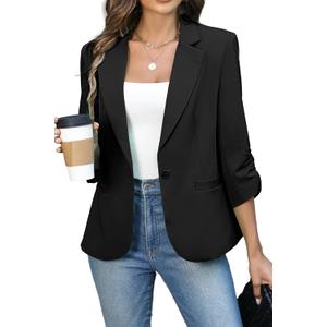 ELLEVEN Women's Ruched 3/4 Sleeve Blazers, Lightweight Slim Fit Jackets with Padded Shoulder for Business Casual (Large, Black)