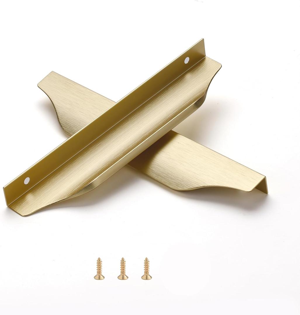 Satanga Edge Finger Pulls for Cabinet Kitchen Drawer knobs Low Profile Door Dresser Bathroom Long Cupboard Furniture Handles Aluminum 10 Pack Brushed Brass 7.87" Easy Installation (6.3" Hole Center 7.87" Overall Length)
