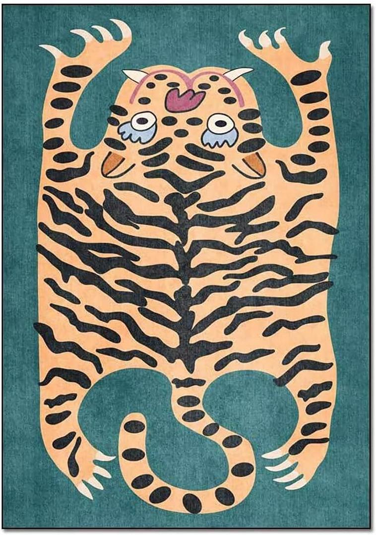Tiger Rug for Bedroom Vintage Boho 2x3 ft Small Area Rug Washable Funky Carpet for Kids Room Non-Slip Abstract Cartoon Cute Bathroom Door Mats Green