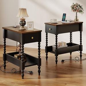 YOSHOOT Farmhouse End Table with Charging Station Set of 2 - Narrow Side Table for Living Room Bedroom Small Space, Wood Nightstand with Drawer and Power Outlets, Black