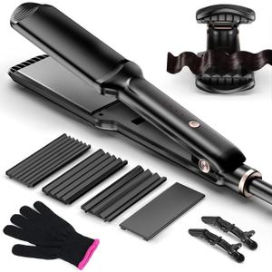 Hair Crimper Waver, Professional Hair Straightener Beach Waves Curling with 4 Interchangeable Ceramic Plates | Auto Temp Control for All Hair Types | Quick Heat Wide Plate Styling Tool & Straightener
