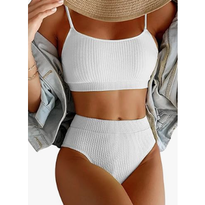 Lilosy High Waisted Tummy Control Ribbed Bikini Crop Top Brazilian Swimsuit Set 2 Piece, Large, White