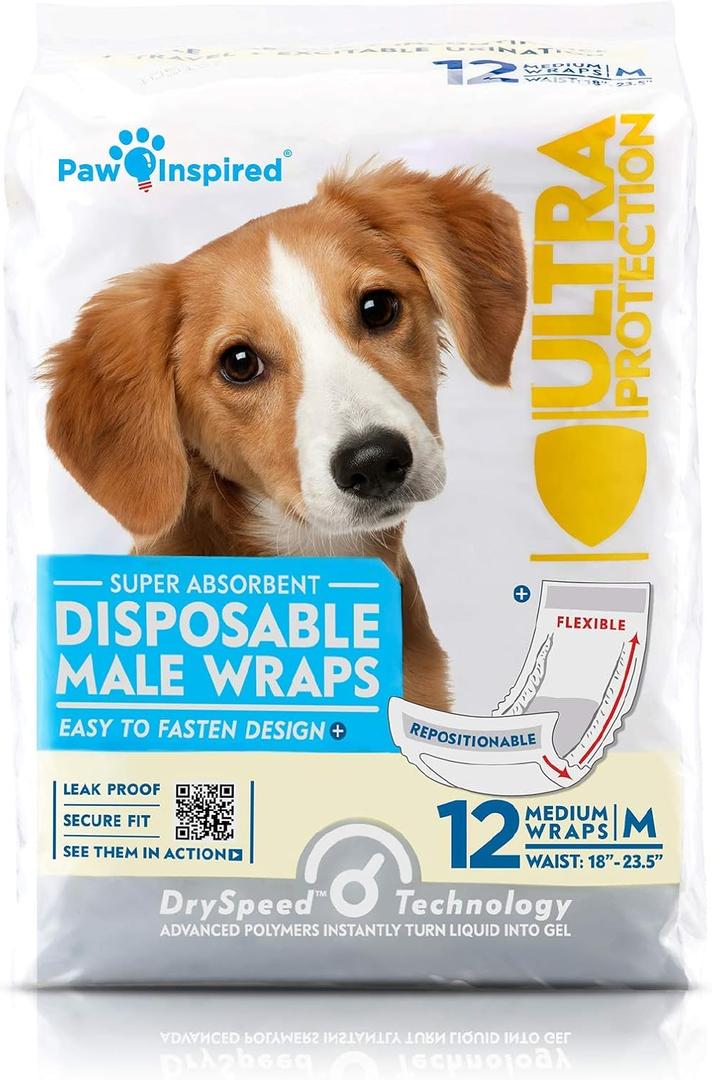 Paw Inspired Disposable Male Dog Wraps, Belly Band for Dogs | Disposable Dog Diapers | Belly Bands for Male Dogs (12 Count, Medium)