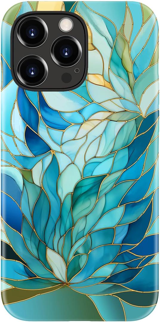DorisMax for iPhone 15 Pro Case - Wireless Charging Compatible - Dual-Layer Hard Shell + Silicone Cover - Shockproof Protective Phone Case with Stylish Designs for Women - Blue Leaves Flower