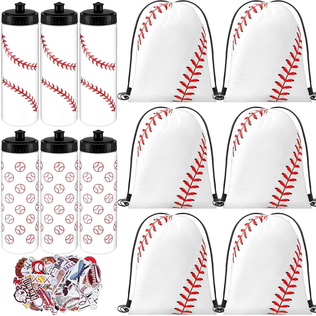 12 Pcs Baseball Party Favors Team Gifts Set 6 Baseball Water Bottle 6 Baseballs Drawstring Bag and 50 Sticker 20 Oz Reusable Squeeze Bottle Bulk Goodie Bag for Party Supplies Gift Sport Event Bike