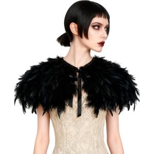 L'VOW Fashion Feather Cape Stole Black White Beige Shawl Iridescent (S2-black)