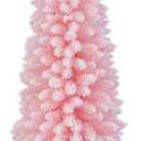 DORTALA 6 FT Pencil Christmas Tree Pink, Unlit Artificial Slim Xmas Full Tree with 460 Branch Tips, Folding Metal Stand, Flocked Skinny Decor Tree for Home Office Party