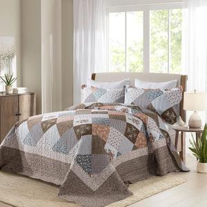 HoneiLife Oversized King Bedspreads 120x120-3 Pcs California King Quilt, Extra Large Quilt Sets All Season Use,Rustic Bedding Sets King Size,Reversible Coverlet Lightweight Microfiber Bed Quilts (Brown-border)