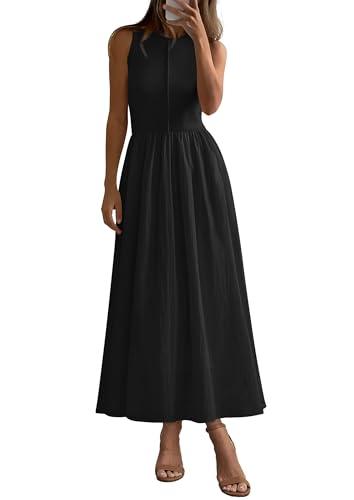 PRETTYGARDEN Maxi Dresses for Women 2025 Summer Casual Sleeveless Patchwork Flowy Vacation Sundress Knit Long Work Tank Dress(Black,Small)