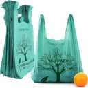 100 Pack Thank You Bags Disposable Eco Grocery T-Shirt Bag with Handles for Supermarket, Groceries, Produce, Shopping, Trash, Small Commercially Compostable Baggies Bulk