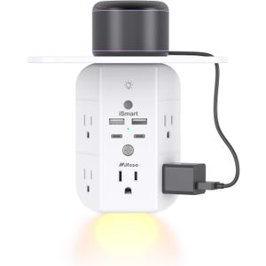 Wall Outlet Extender with Shelf and Night Light, Surge Protector, USB Wall Charger with 5 AC Outlets and 2 USB A Ports 2 USB C Ports Wide Space 3-Sided Power Strip Multi Plug Outlets (White)