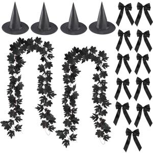 2Pack 6.6Ft Black Fall Maple Leaves Garland,4Pcs Witches Hat,15pcs Black Bow,Artificial Autumn Foliage Garland Outdoor for Home Party Mantle Fireplace Fall Halloween Thanksgiving Christmas Decor