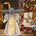 Angel Tree Topper with LED Light, 14" Angel Treetop Figurine with Dress, Feather Wings, and 10 Lights for Indoor and Outdoor Holiday Decoration, Xmas Home Ornaments-Labrador
