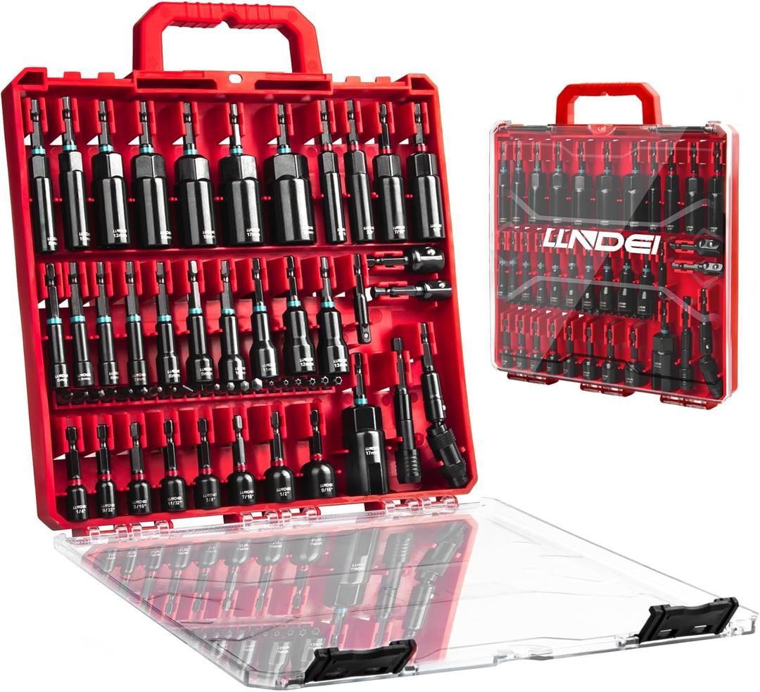 LLNDEI Magnetic Impact Nut Driver Set, 55PCS 1/4 socket set with Deep Driver Bit Sets Includes Bit Extension, Pivoting & Wing Nut Setters Compatible with Impact Drills & Deep Drivers