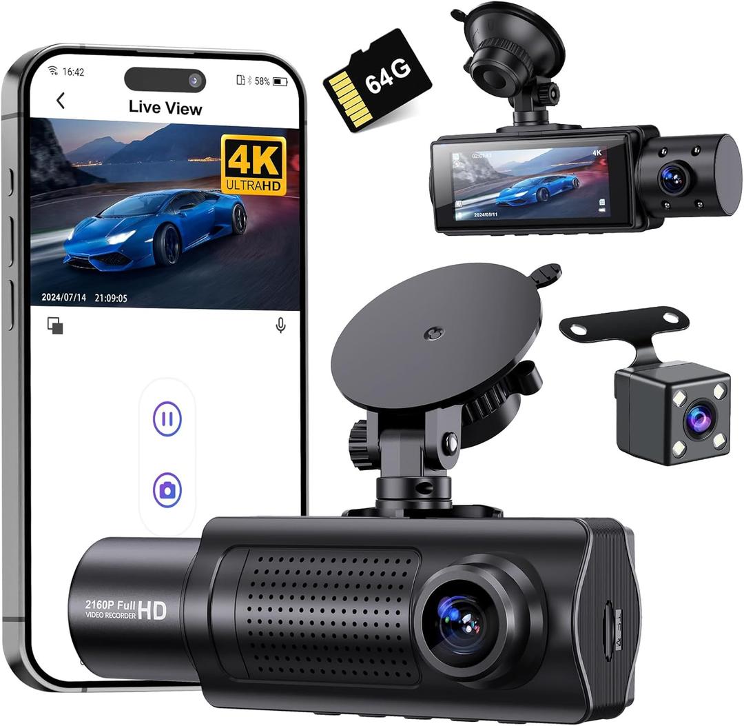 Miden X5 4K WiFi Dash Cam Front and Rear Inside, 2160P+1080P+1080P FHD 3 Channel Dash Camera for Cars, 360 All Sides Dashcam, Free 64G SD Card, G-Sensor, WDR, Night Vision, 24H Parking Monitor