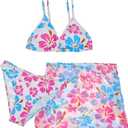 COOLOYA Girl's 3 Piece Set Floral Print Bikini Bathing Swimsuit with Beach Skirt 11-12Y