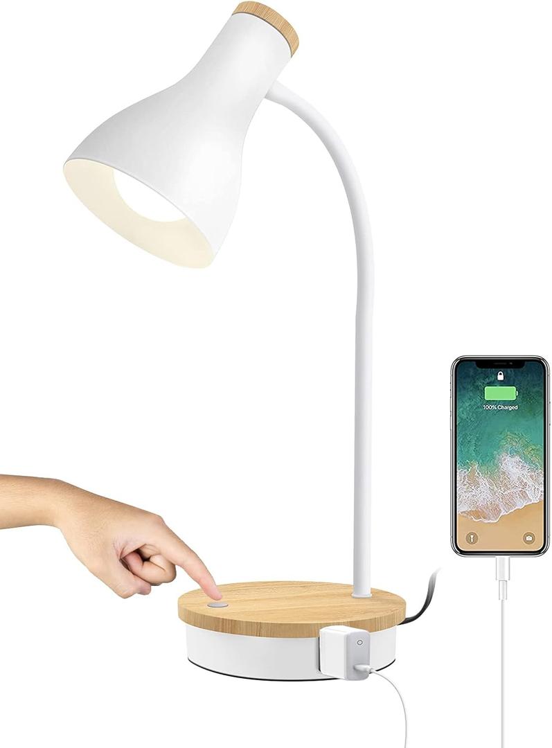 Metal Desk Lamp Wireless Charging Table Lamp Touch Reading Lights Arc Desk Lamps for Bedroom, 3 Way Dimmable Bedside Lamp with USB Charging Ports Lamp for Study Room and Office (Touch-White)