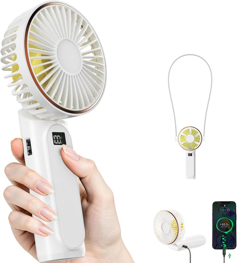 TUNISE Portable Handheld Fan, Portable Fan Rechargeable, 4000mAh, 180 Adjustable, 6 Speed Wind, Display Electricity in Real Time, USB Rechargeable Foldable F an, Quiet Personal Fan with Power Bank (White)