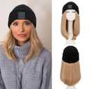 S-noilite Beanie Wig Hair Extensions,Ash Blonde Short Straight Hair Extensions with Knitted Hat Wigs for Women Winter 11 Inch