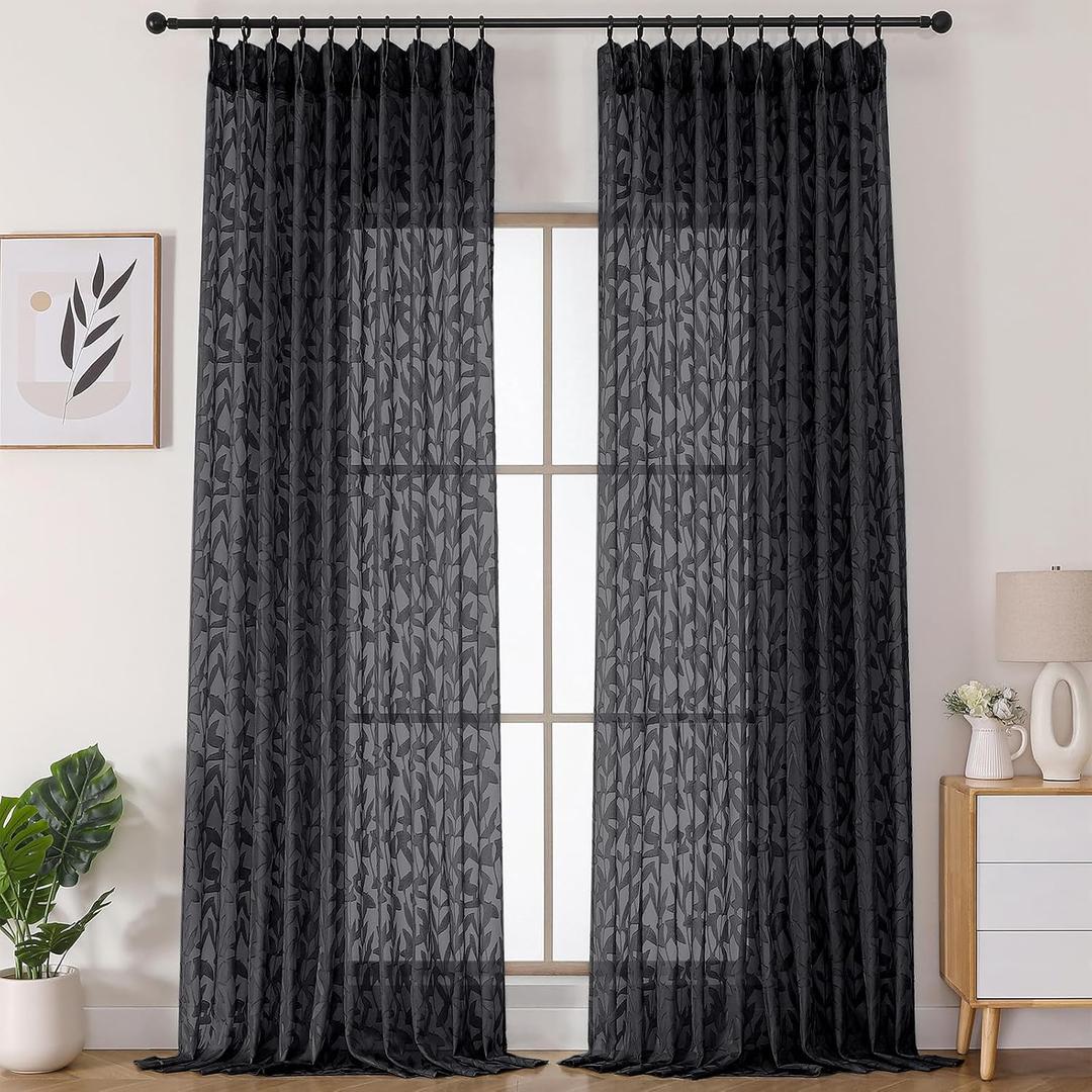 Lecloud Black Pinch Pleated Sheer Curtains 96 Inches Long 2 Panels for Large Window, Extra Wide Jacquard Textured Semi Sheer Curtains for Living Room with Back Tab Hooks Rings, 60" W x 96" L