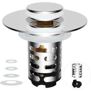iFealClear Upgraded 4-in-1 Bathroom Sink Drain Stopper Hair Catcher, Universal Pop Up Strainer with 2-Layer Removable Stainless Steel Filter Basket, Anti-clog Sink Plug for 1.1"-2.36" US Basin, Chrome