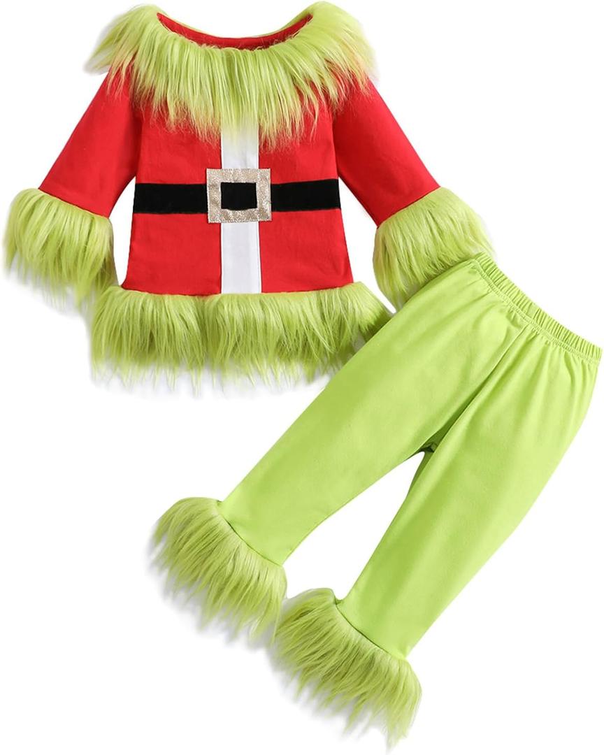 Nicoxijia Toddler Baby Boys Girls Christmas Cosplay Monster Costume Outfits Green Furry Santa Long Sleeve Tops and Pants Set (2-3T)
